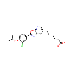 CC(C)Oc1ccc(-c2nc3cc(CCCCCC(=O)O)cnc3o2)cc1Cl ZINC000084669876