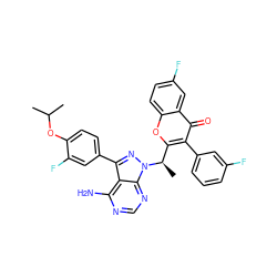 CC(C)Oc1ccc(-c2nn([C@H](C)c3oc4ccc(F)cc4c(=O)c3-c3cccc(F)c3)c3ncnc(N)c23)cc1F ZINC000141918576