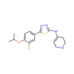 CC(C)Oc1ccc(-c2nnc(NC3=CCNCC3)s2)cc1Cl ZINC000653708047