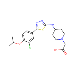 CC(C)Oc1ccc(-c2nnc(NC3CCN(CC(=O)O)CC3)s2)cc1Cl ZINC000653708029