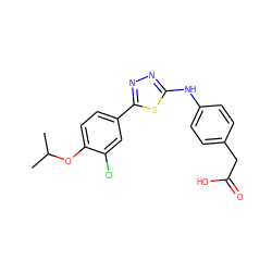 CC(C)Oc1ccc(-c2nnc(Nc3ccc(CC(=O)O)cc3)s2)cc1Cl ZINC000653708003