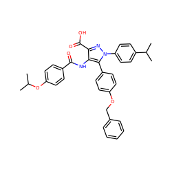 CC(C)Oc1ccc(C(=O)Nc2c(C(=O)O)nn(-c3ccc(C(C)C)cc3)c2-c2ccc(OCc3ccccc3)cc2)cc1 ZINC000653849051