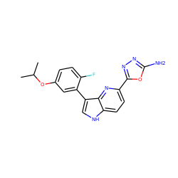 CC(C)Oc1ccc(F)c(-c2c[nH]c3ccc(-c4nnc(N)o4)nc23)c1 ZINC000204778009