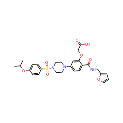 CC(C)Oc1ccc(S(=O)(=O)N2CCN(c3ccc(C(=O)NCc4ccco4)c(OCC(=O)O)c3)CC2)cc1 ZINC001772632360