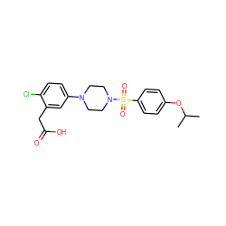 CC(C)Oc1ccc(S(=O)(=O)N2CCN(c3ccc(Cl)c(CC(=O)O)c3)CC2)cc1 ZINC001772597169