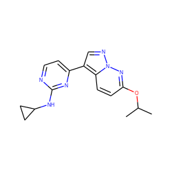 CC(C)Oc1ccc2c(-c3ccnc(NC4CC4)n3)cnn2n1 ZINC000038458612