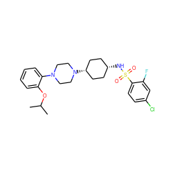 CC(C)Oc1ccccc1N1CCN([C@H]2CC[C@@H](NS(=O)(=O)c3ccc(Cl)cc3F)CC2)CC1 ZINC000101127751