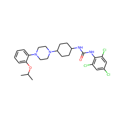 CC(C)Oc1ccccc1N1CCN(C2CCC(NC(=O)Nc3c(Cl)cc(Cl)cc3Cl)CC2)CC1 ZINC000053025963