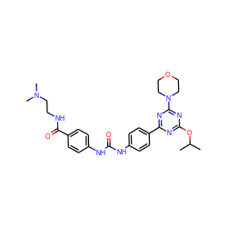 CC(C)Oc1nc(-c2ccc(NC(=O)Nc3ccc(C(=O)NCCN(C)C)cc3)cc2)nc(N2CCOCC2)n1 ZINC000072175776