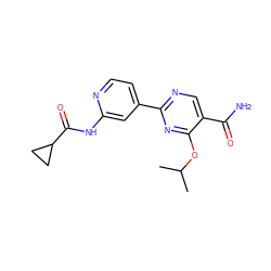 CC(C)Oc1nc(-c2ccnc(NC(=O)C3CC3)c2)ncc1C(N)=O ZINC000299869186