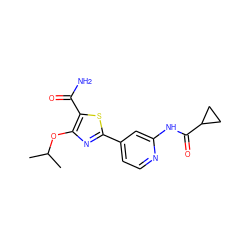 CC(C)Oc1nc(-c2ccnc(NC(=O)C3CC3)c2)sc1C(N)=O ZINC000299867006