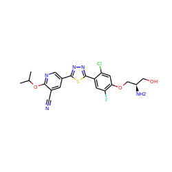 CC(C)Oc1ncc(-c2nnc(-c3cc(F)c(OC[C@H](N)CO)cc3Cl)s2)cc1C#N ZINC000653714148