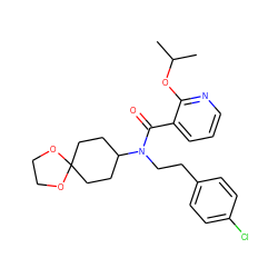 CC(C)Oc1ncccc1C(=O)N(CCc1ccc(Cl)cc1)C1CCC2(CC1)OCCO2 ZINC000040424019