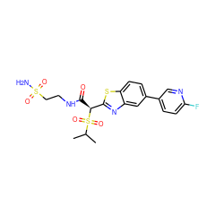 CC(C)S(=O)(=O)[C@@H](C(=O)NCCS(N)(=O)=O)c1nc2cc(-c3ccc(F)nc3)ccc2s1 ZINC000145520871