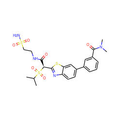 CC(C)S(=O)(=O)[C@@H](C(=O)NCCS(N)(=O)=O)c1nc2ccc(-c3cccc(C(=O)N(C)C)c3)cc2s1 ZINC000145507553