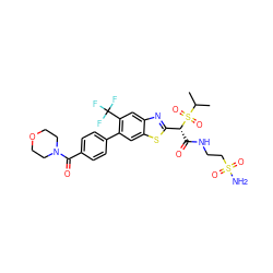 CC(C)S(=O)(=O)[C@H](C(=O)NCCS(N)(=O)=O)c1nc2cc(C(F)(F)F)c(-c3ccc(C(=O)N4CCOCC4)cc3)cc2s1 ZINC000221957528
