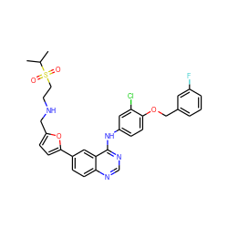 CC(C)S(=O)(=O)CCNCc1ccc(-c2ccc3ncnc(Nc4ccc(OCc5cccc(F)c5)c(Cl)c4)c3c2)o1 ZINC000034800107