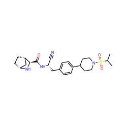 CC(C)S(=O)(=O)N1CCC(c2ccc(C[C@@H](C#N)NC(=O)[C@H]3N[C@@H]4CC[C@H]3C4)cc2)CC1 ZINC000221931369