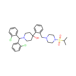 CC(C)S(=O)(=O)N1CCN(Cc2ccccc2C2(O)CCN(C(c3ccccc3Cl)c3ccccc3Cl)CC2)CC1 ZINC000096318640