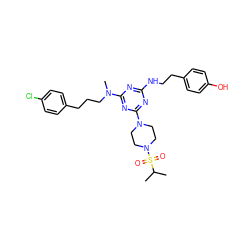 CC(C)S(=O)(=O)N1CCN(c2nc(NCCc3ccc(O)cc3)nc(N(C)CCCc3ccc(Cl)cc3)n2)CC1 ZINC000027627902