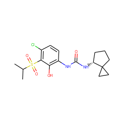 CC(C)S(=O)(=O)c1c(Cl)ccc(NC(=O)N[C@@H]2CCCC23CC3)c1O ZINC001772610162