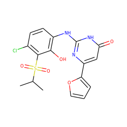 CC(C)S(=O)(=O)c1c(Cl)ccc(Nc2nc(-c3ccco3)cc(=O)[nH]2)c1O ZINC000299820055