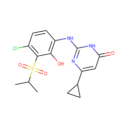 CC(C)S(=O)(=O)c1c(Cl)ccc(Nc2nc(C3CC3)cc(=O)[nH]2)c1O ZINC000299832680