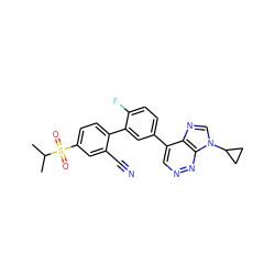 CC(C)S(=O)(=O)c1ccc(-c2cc(-c3cnnc4c3ncn4C3CC3)ccc2F)c(C#N)c1 ZINC000218113417