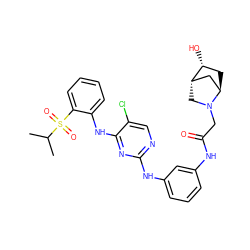 CC(C)S(=O)(=O)c1ccccc1Nc1nc(Nc2cccc(NC(=O)CN3C[C@H]4C[C@H]3C[C@H]4O)c2)ncc1Cl ZINC000299841021