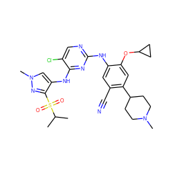 CC(C)S(=O)(=O)c1nn(C)cc1Nc1nc(Nc2cc(C#N)c(C3CCN(C)CC3)cc2OC2CC2)ncc1Cl ZINC000473089350