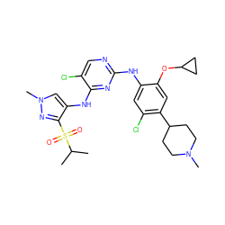 CC(C)S(=O)(=O)c1nn(C)cc1Nc1nc(Nc2cc(Cl)c(C3CCN(C)CC3)cc2OC2CC2)ncc1Cl ZINC000473090412