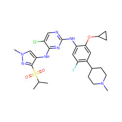 CC(C)S(=O)(=O)c1nn(C)cc1Nc1nc(Nc2cc(F)c(C3CCN(C)CC3)cc2OC2CC2)ncc1Cl ZINC000473095980