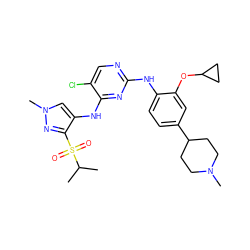 CC(C)S(=O)(=O)c1nn(C)cc1Nc1nc(Nc2ccc(C3CCN(C)CC3)cc2OC2CC2)ncc1Cl ZINC000473089311