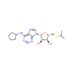 CC(C)SC[C@H]1O[C@@H](n2cnc3c(NC4CCCC4)ncnc32)[C@H](O)[C@@H]1O ZINC000013776778