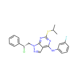 CC(C)Sc1nc(Nc2cccc(F)c2)c2cnn(C[C@H](Cl)c3ccccc3)c2n1 ZINC000299871727