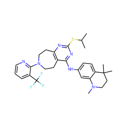 CC(C)Sc1nc2c(c(Nc3ccc4c(c3)N(C)CCC4(C)C)n1)CCN(c1ncccc1C(F)(F)F)CC2 ZINC000144994440