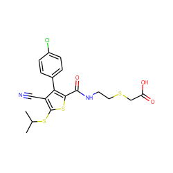 CC(C)Sc1sc(C(=O)NCCSCC(=O)O)c(-c2ccc(Cl)cc2)c1C#N ZINC000103301055