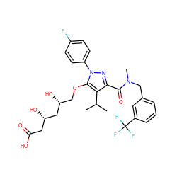 CC(C)c1c(C(=O)N(C)Cc2cccc(C(F)(F)F)c2)nn(-c2ccc(F)cc2)c1OC[C@@H](O)C[C@@H](O)CC(=O)O ZINC000014967926