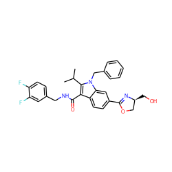 CC(C)c1c(C(=O)NCc2ccc(F)c(F)c2)c2ccc(C3=N[C@@H](CO)CO3)cc2n1Cc1ccccc1 ZINC000096172116