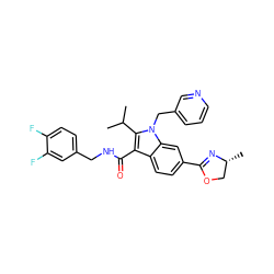 CC(C)c1c(C(=O)NCc2ccc(F)c(F)c2)c2ccc(C3=N[C@H](C)CO3)cc2n1Cc1cccnc1 ZINC000096172113