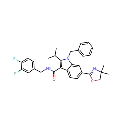 CC(C)c1c(C(=O)NCc2ccc(F)c(F)c2)c2ccc(C3=NC(C)(C)CO3)cc2n1Cc1ccccc1 ZINC000096172106