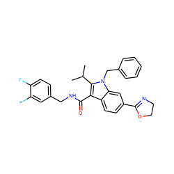 CC(C)c1c(C(=O)NCc2ccc(F)c(F)c2)c2ccc(C3=NCCO3)cc2n1Cc1ccccc1 ZINC000096172105