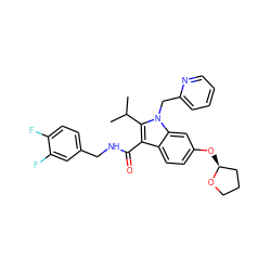 CC(C)c1c(C(=O)NCc2ccc(F)c(F)c2)c2ccc(O[C@H]3CCCO3)cc2n1Cc1ccccn1 ZINC000096172225