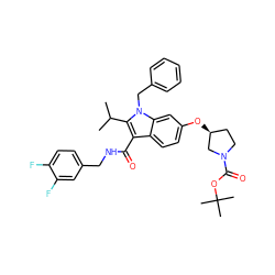 CC(C)c1c(C(=O)NCc2ccc(F)c(F)c2)c2ccc(O[C@H]3CCN(C(=O)OC(C)(C)C)C3)cc2n1Cc1ccccc1 ZINC000096172243