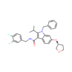 CC(C)c1c(C(=O)NCc2ccc(F)c(F)c2)c2ccc(O[C@H]3CCOC3)cc2n1Cc1ccccc1 ZINC000096172084