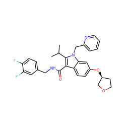 CC(C)c1c(C(=O)NCc2ccc(F)c(F)c2)c2ccc(O[C@H]3CCOC3)cc2n1Cc1ccccn1 ZINC000096172247