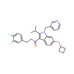 CC(C)c1c(C(=O)NCc2ccc(F)c(F)c2)c2ccc(OC3CCC3)cc2n1Cc1cccnc1 ZINC000096172167