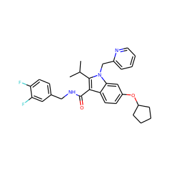 CC(C)c1c(C(=O)NCc2ccc(F)c(F)c2)c2ccc(OC3CCCC3)cc2n1Cc1ccccn1 ZINC000043197829