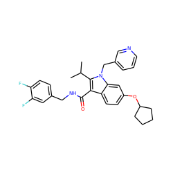 CC(C)c1c(C(=O)NCc2ccc(F)c(F)c2)c2ccc(OC3CCCC3)cc2n1Cc1cccnc1 ZINC000096172157