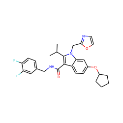 CC(C)c1c(C(=O)NCc2ccc(F)c(F)c2)c2ccc(OC3CCCC3)cc2n1Cc1ncco1 ZINC000096172198